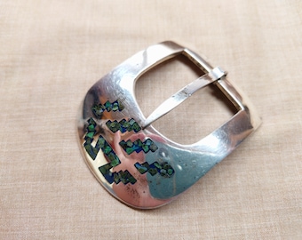 Vintage Sterling Silver Southwestern Buckle, Turquoise Chip Inlay Belt Buckle