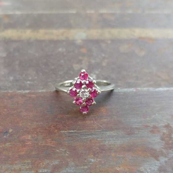 Vintage Ruby & Diamond 14k White Gold Ring, Flora… - image 6