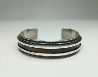 Vintage Navajo Inlay Cuff, Tony Sanchez Sterling Silver Southwestern Rail Design