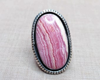 Large Rhodochrosite Sterling Silver Ring Stamped Lonnie Willie, Southwestern Size 8.5