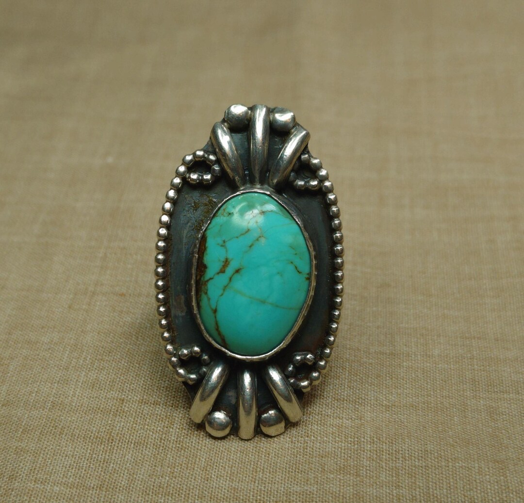 Vintage Large Turquoise Southwestern Sterling Silver Ring Size 8 1/2 - Etsy