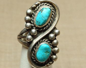 Vintage Two Turquoise Southwestern Sterling Silver Ring Size 4 1//2