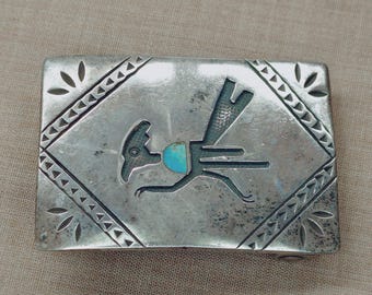Vintage Southwestern Belt Buckle, Turquoise Road Runner Sterling Silver  1 Inch Buckle