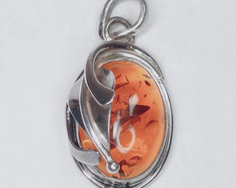 Decorative Amber Pendant, Vintage Sterling Silver Amber Pendant With Leaf