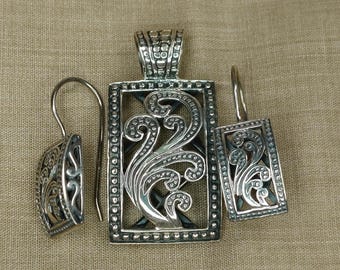 Vintage Sterling Silver Paisley Filigree Pendant and Earring Set, Silpada Retired