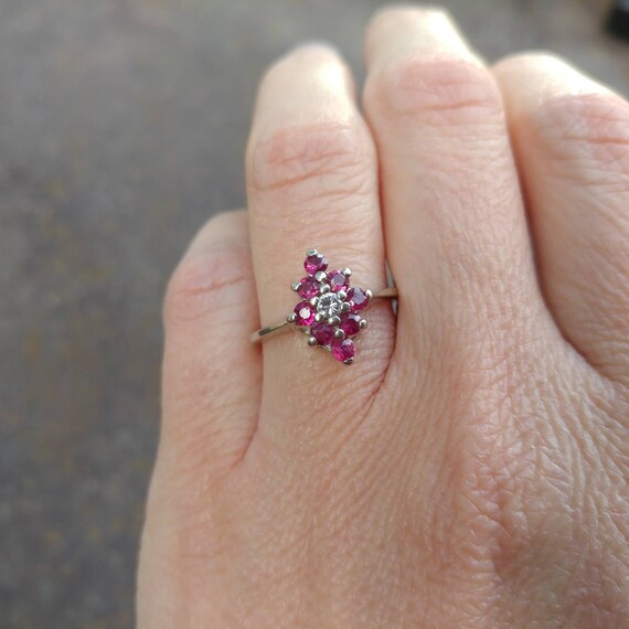 Vintage Ruby & Diamond 14k White Gold Ring, Flora… - image 2