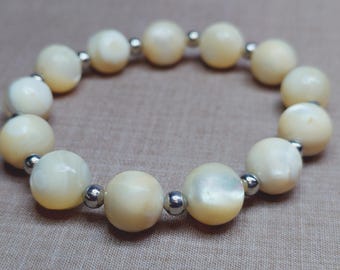 Mother of Pearl Bead Stretch Bracelet, 10mm Large Shimmering gemstone, Stackable Handmade Jewelry