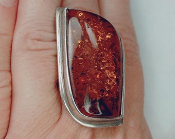Large Amber Sterling Silver Ring Size 8.5, Shimmery Huge Amber Ring