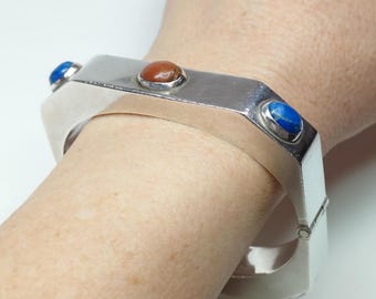 Angular Sterling Silver Gemstone Hinged Bracelet, Flat Locking Taxco Mexico Bangle