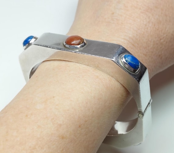 Angular Sterling Silver Gemstone Hinged Bracelet,… - image 1