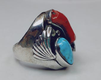 Heavy Southwestern Sterling Silver Ring, Turquoise and Coral Size 10 Ring
