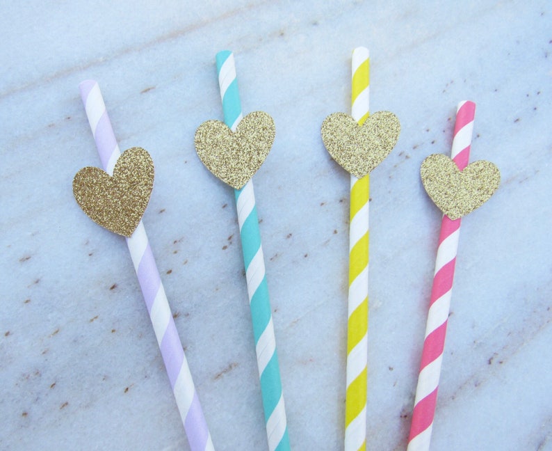 12 Paper Straws ~ Pink /& White ~ Gold Glitter Heart ~ Bridal Shower ~ Decoration