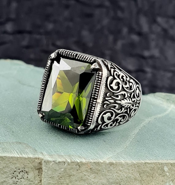 Men Green Peridot Ring 925 Sterling Silver 6-prong 7.5mm Gemstone Birthstone  | eBay