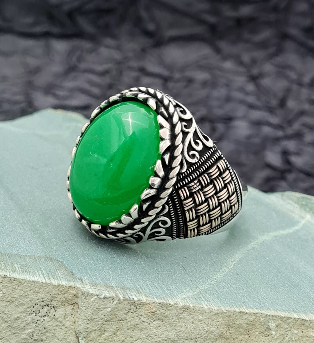 Handmade 925 Sterling Silver Men's Ring, Jade Stone Men Ring,vintage Style Men Ring,with Oval