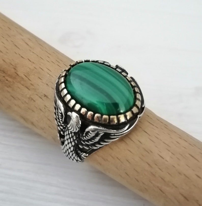 925K Sterling Silver American Eagle Mens Ring Witht Malachite Stone,free express shipping