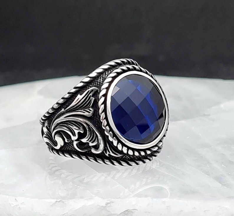 Sapphire Stone Ring,Handmade 925K Sterling Silver Mens Ring With CZ Sapphire Stone,Silver Man Ring,Sapphire Stone Men Ring