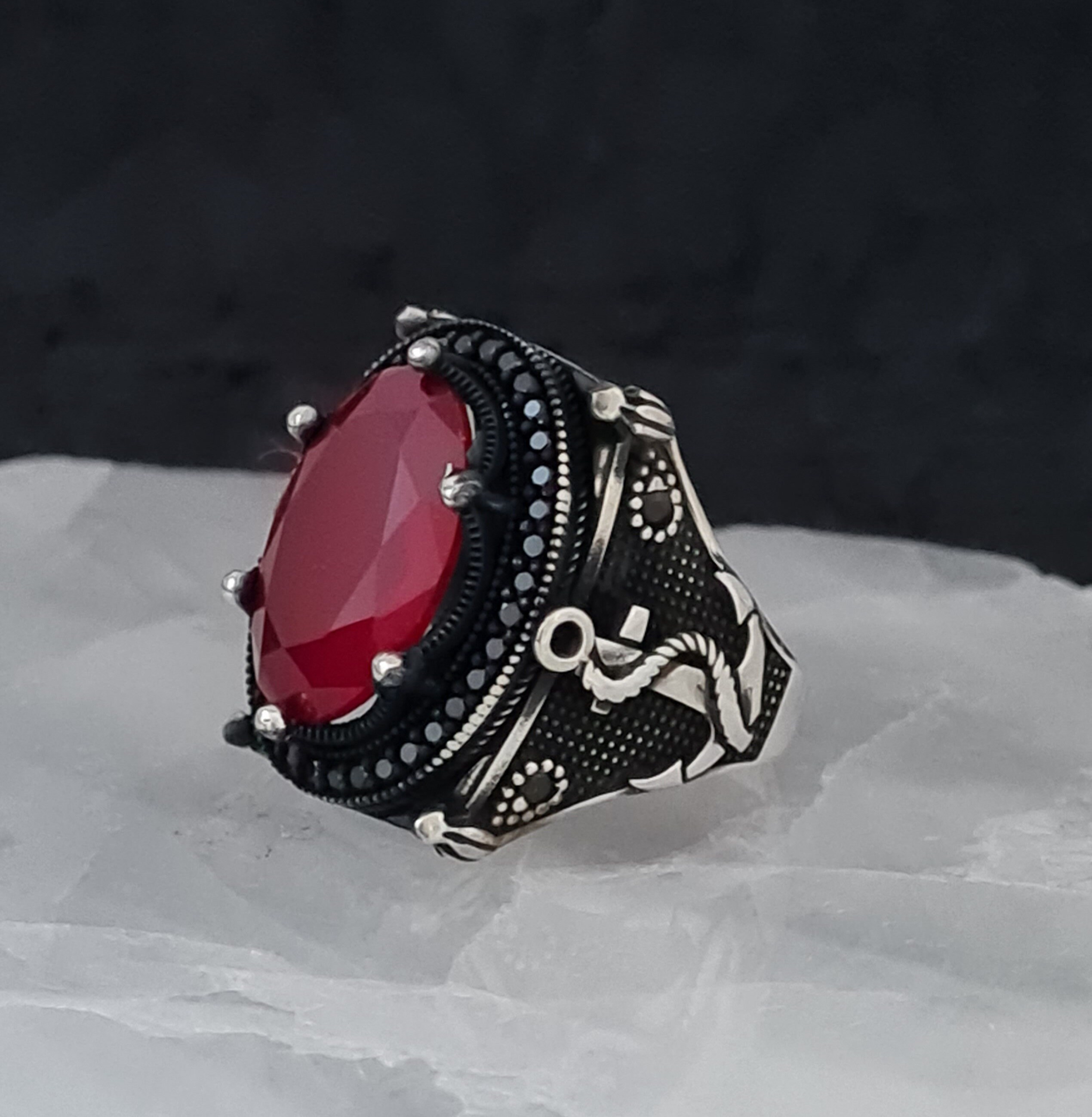 Anchor Turkish Red Garnet Gemstone Solid 925 Sterling Silver Men Ring 