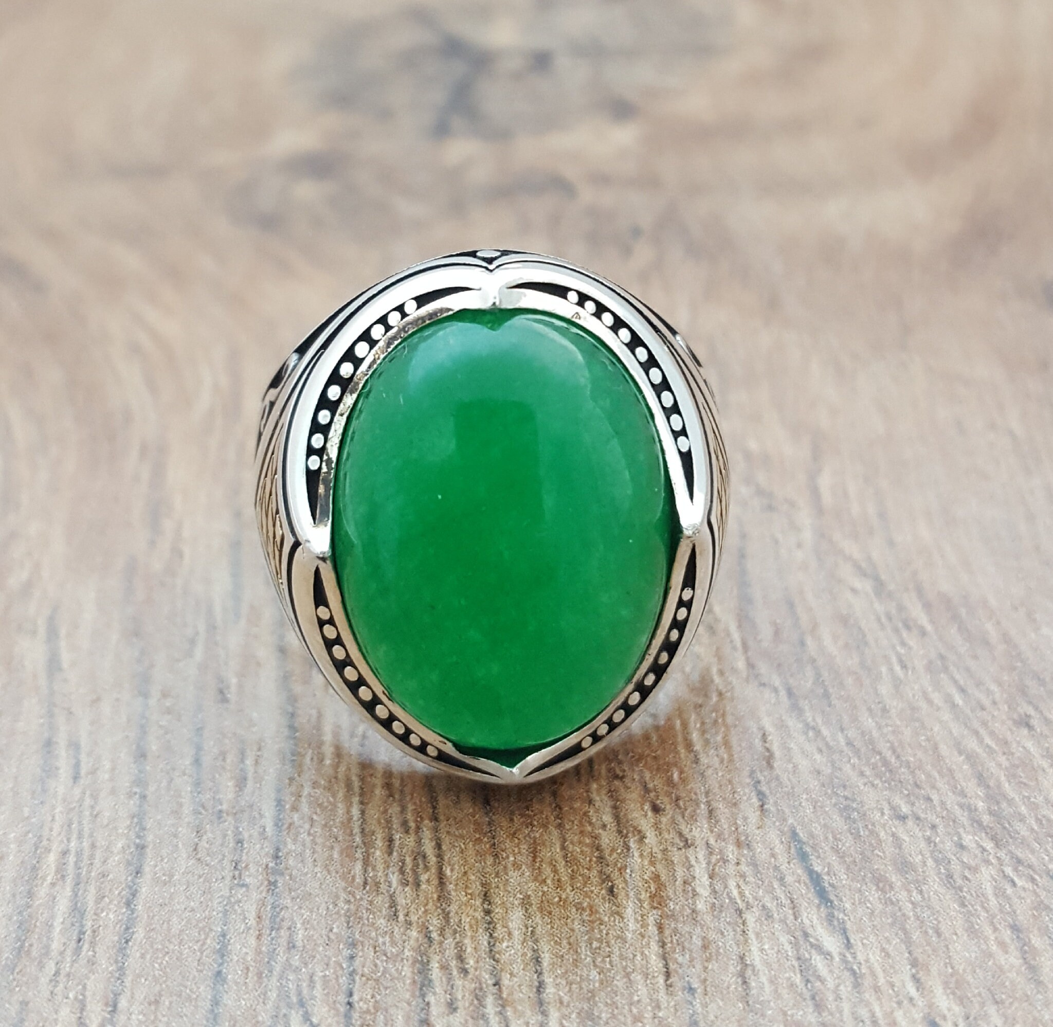 Handmade 925K Sterling Silver Mens Ring With Green Jade Etsy