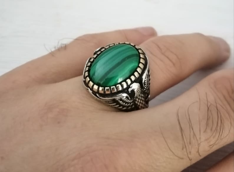 925K Sterling Silver American Eagle Mens Ring Witht Malachite Stone,free express shipping