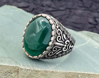 Bague pour homme en argent sterling 925 faite à la main, bague pour homme en pierre d’agate verte naturelle, bague pour hommes de style vintage, bague ovale en pierre précieuse en pierre précieuse en agate verte