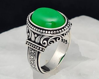 Jade Man Ring,Handmade 925K Sterling Silver Men's Ring With Green Quartized Jade Stone,Mens Oxidized Ring,Unique Man Ring
