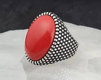 Coral Men Ring,Handmade 925K Sterling Silver Men's Ring With Howlite Red Coral Stone,Coral Men's Ring,Large Gemstone Ring