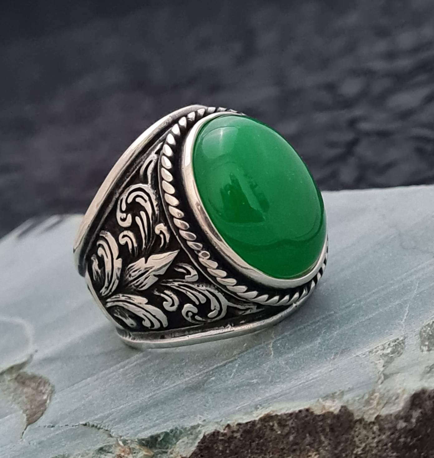 Anillo hombres de jade anillo de plata - Etsy México