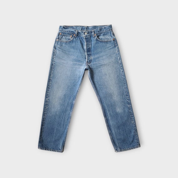Vintage Levis 501 Jeans Size 31 Tag size 35x30 in Faded Deep Blue with Whiskering |