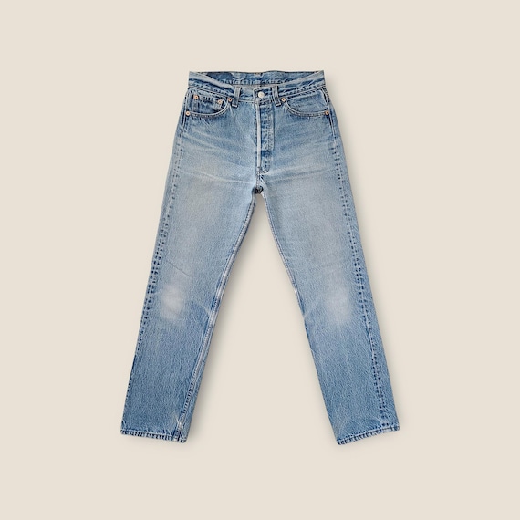 Vintage Distressed Faded Levi's 501 Jeans Size 27 28 Tag size 31x34 in Faded Medium Blue with Whiskering