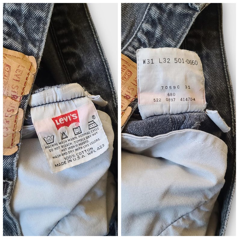 May include: Close-up of a pair of Levi's jeans, showcasing the brand's label and size tags. The tags display washing instructions, size details (W31 L32), and the iconic Levi's logo. The jeans are a dark wash denim.