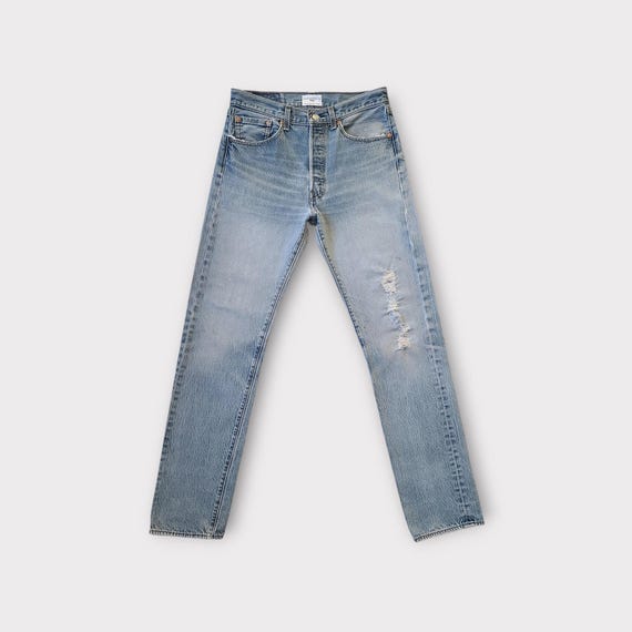 Vintage Levi's 501 Jeans Size 29 30 Tag Size 32x38 in Faded Light Blue with Whiskering|