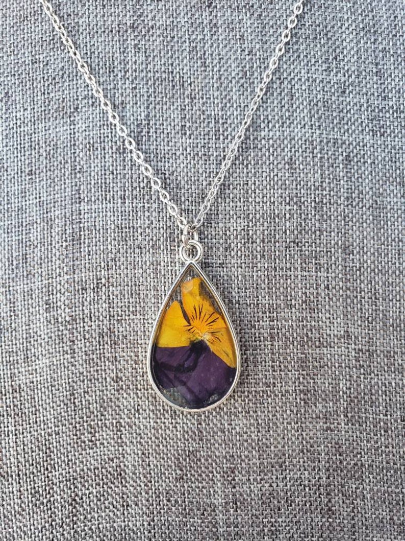 Purple Pansy Teardrop Pendant Necklace