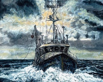 Original Watercolor Fishing Boat Painting – Nautical Wall Art, Coastal Home Decor, Seascape Ocean Artwork, Maritime Gift