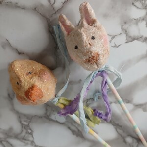 Primitive Easter Rabbit/Chick Paper Mache Vintage Style shakers/Handmade/Farmhouse/Spring/pokes/Decor/Primitive bunny/SET of2/ #11
