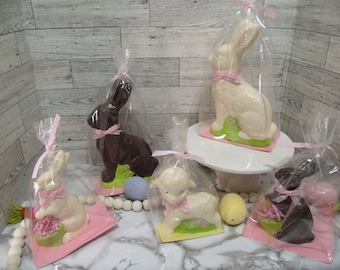 Fake Easter Chocolate bunnies/Rabbits/Dark or White chocolate/CHALKWARE/HANDMADE/poured/fake faux food/ Easter Candy decor/8 inch rabbit