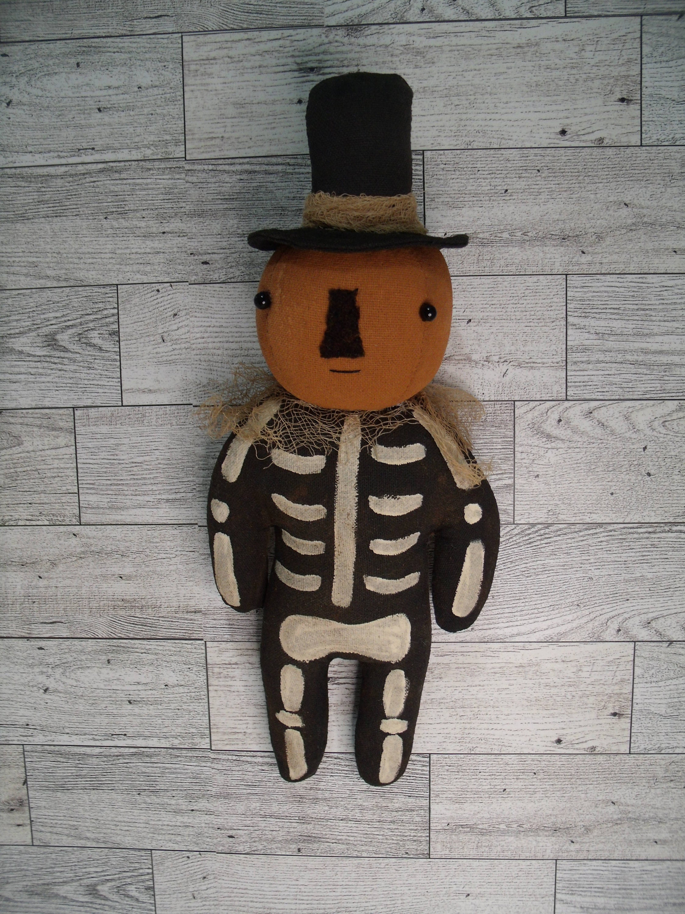 Primitive Halloween Skeleton doll/Hanger/BONESY/pumpkin head doll/Fall/jack/handmade/farmhouse/custom doll/12 inches tall