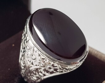 New Yemeni Black Transparent Natural Aqeeq Agate Yemen Sterling Silver Men Ring