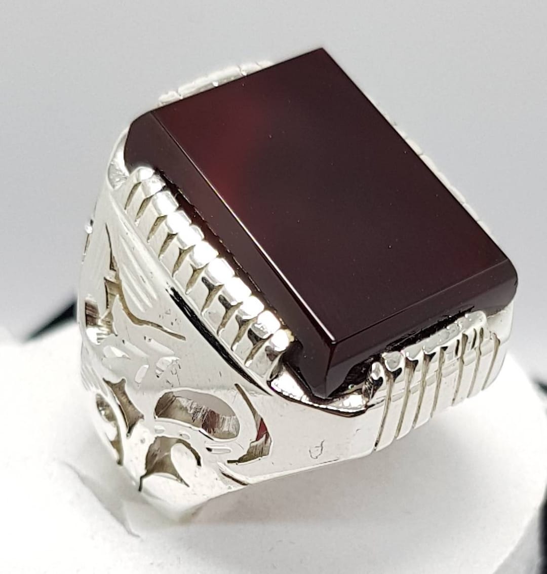 Mens Aqeeq Ring Cushion Shape Dark Blood Red Yemeni Aqeeq Akik