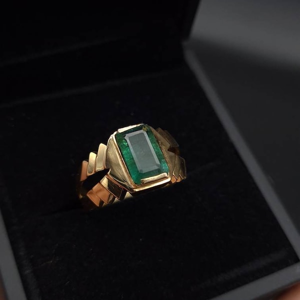 14k geelgouden smaragdring voor mannen en vrouwen solitaire unisex natuurlijke smaragdsteen voor herenring onbehandelde echte smaragd gezet in gouden ringen