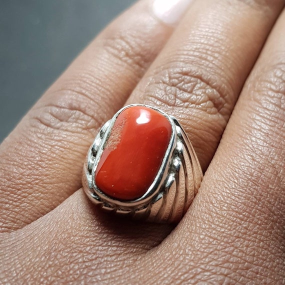 Men Red Coral Signet Ring in Silver | Eredi Jovon Venice