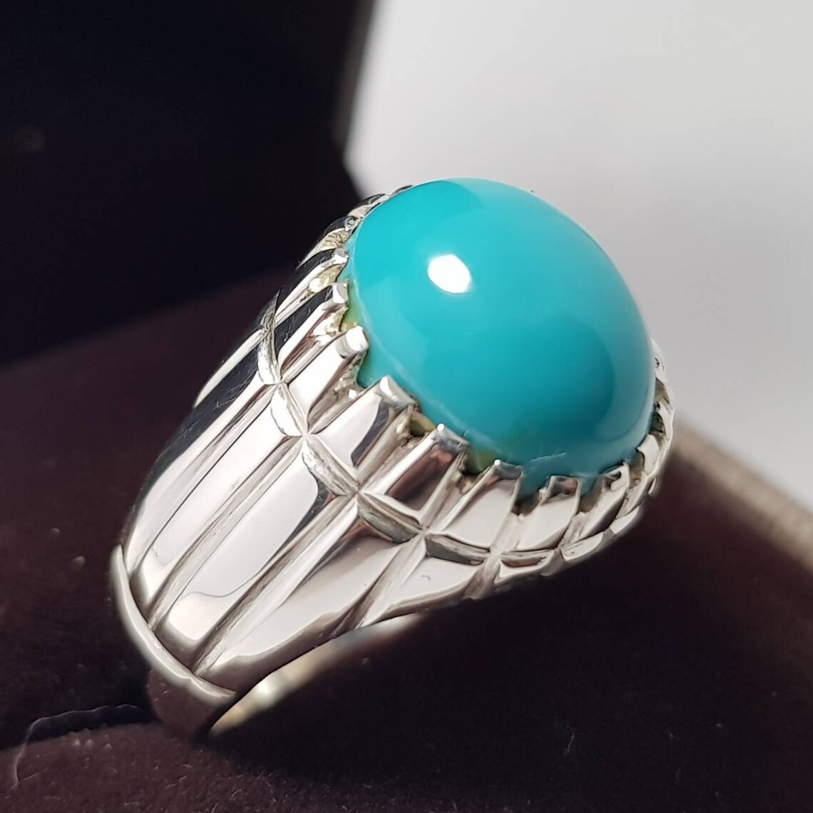 Dark Blue Feroza Rings for Men Real Sterling Silver 925 Turquoise Stone ...