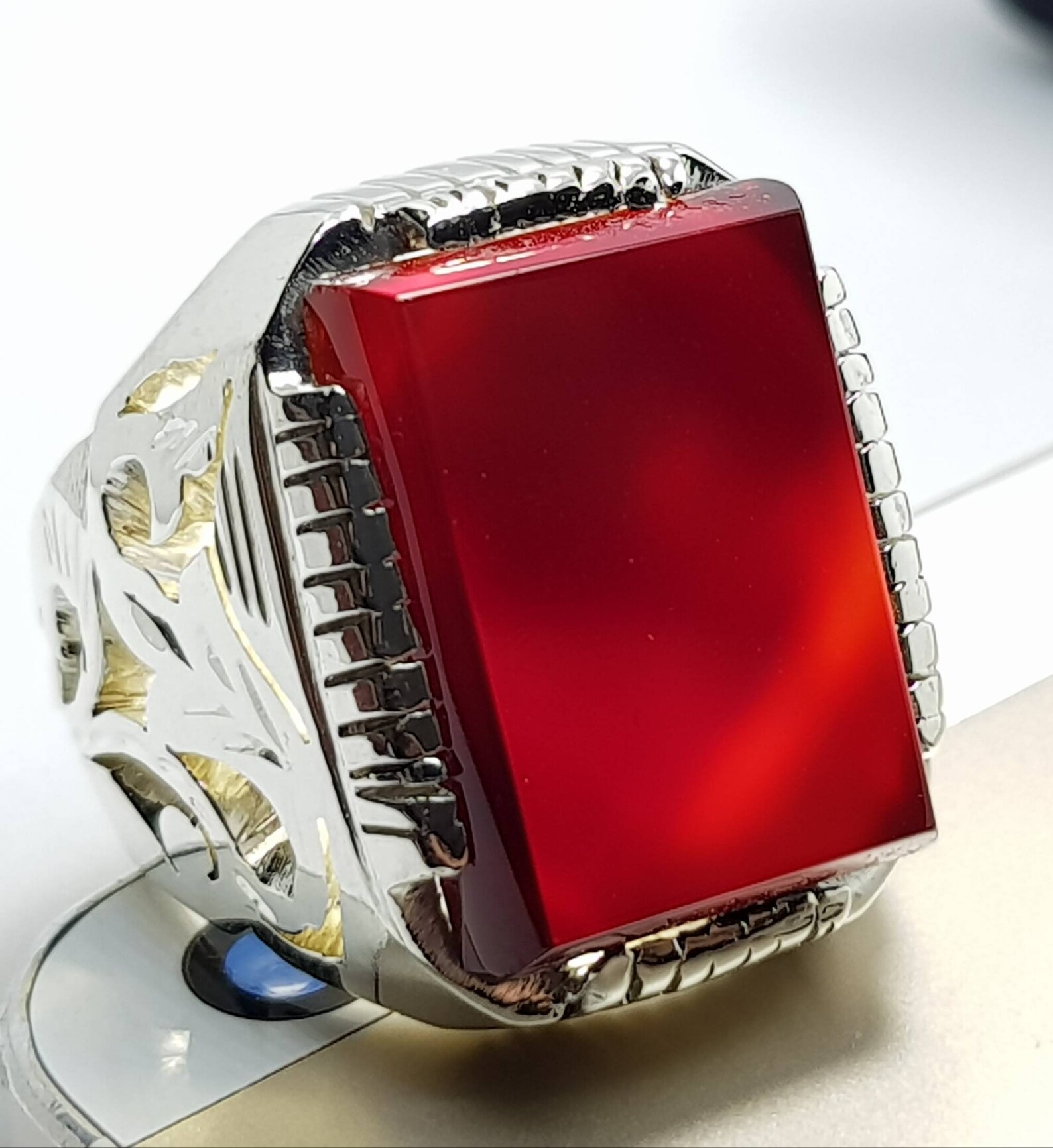 Mens Aqeeq Ring Cushion Shape Dark Blood Red Yemeni Aqeeq Akik Etsy