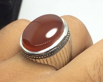 Saffron Aqeeq ring From Yemen in sterling silver 925 handmade Solitaire Ring, khatam Aqeeq stone ring, Mens Aqeeq e Yemeni rings, Shia rings