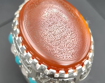 Yemeni aqeeq ring in 925 sterling silver written with Quranic Verse Akik ring agate stone ring Saffron Aqeeq stone Big haqeeq rings mens