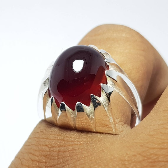925 Sterling Silver Crescent Star Men's Ring with Burgundy Agate Stone Moon  Star Ring Aqeeq Ring
