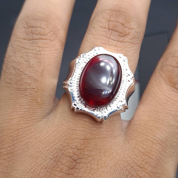 Anello Uomo In Agata Naturale Yemenita (Aqeeq) Rosso Sangue - Argento 925, Fatto A Mano
