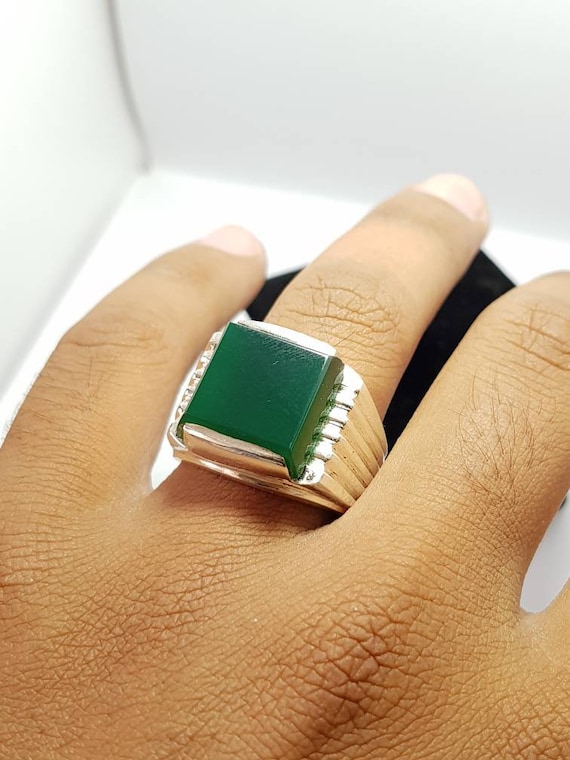 Green Square Aqeeq Silver Men's Ring