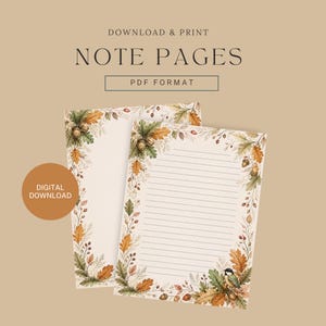 Op de afbeelding: Twee vellen briefpapier met een rand van herfstbladeren, eikels en een kleine vogel. Eén vel is gelinieerd en het andere is blanco. De tekst luidt: DOWNLOAD & PRINT, NOTE PAGES, PDF FORMAT, DIGITAL DOWNLOAD.