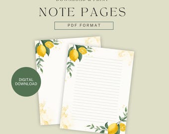 Pages de notes imprimables citron | Papeterie avec ou sans doublure | Téléchargement numérique PDF | Papier à lettres esthétique pour le journal et les lettres