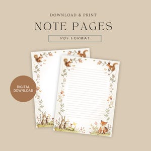 May include: Two note pages with a woodland theme. The pages are decorated with illustrations of squirrels, foxes, and rabbits, surrounded by floral and leaf borders. The text "NOTE PAGES" and "PDF FORMAT" are displayed at the top.